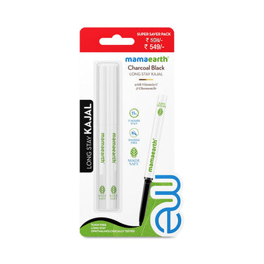 Mamaearth Pack Of 2 Charcoal Black Glossy Long Stay Kajal Pencil With Vitamin C & Chamomile For 11-Hour Smudge-Free Stay | 11-Hour Long Stay | Smudge-Proof | Waterproof